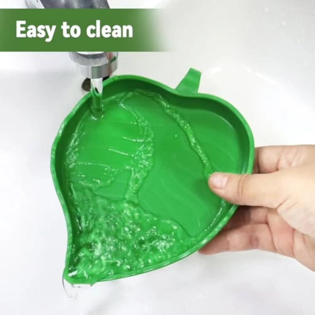 Two leaf-shaped reptile food and water bowls in a set, for tortoise, lizard, bearded dragon or small snake.