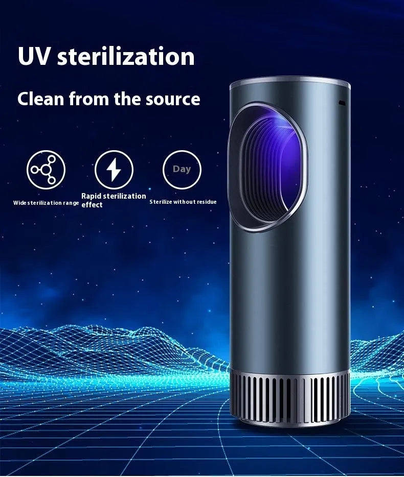 Black smart car air purifier for formaldehyde removal and ion generation, with USB cable.