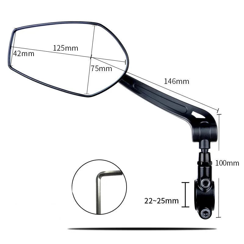 HD wide angle convex bicycle mirror with aluminium alloy base, 75mm x 125mm, fits 22-25mm handlebar