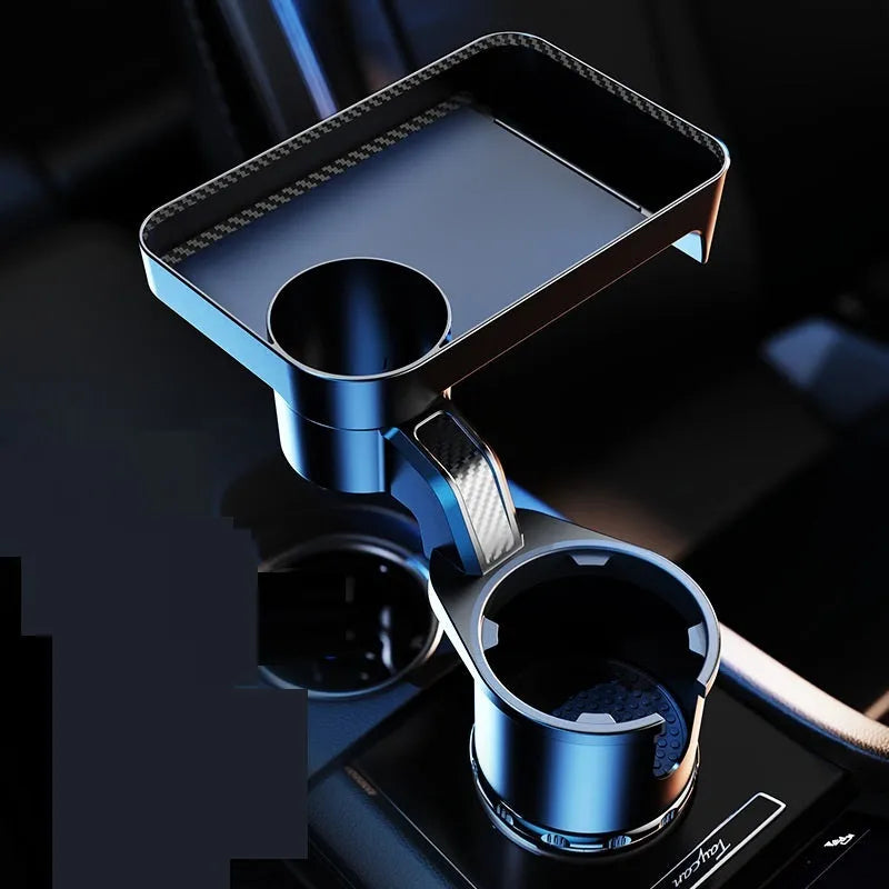 Black car-mounted rotating dinner tray holder installed in vehicle cup holder showing 360-degree rotation capability
