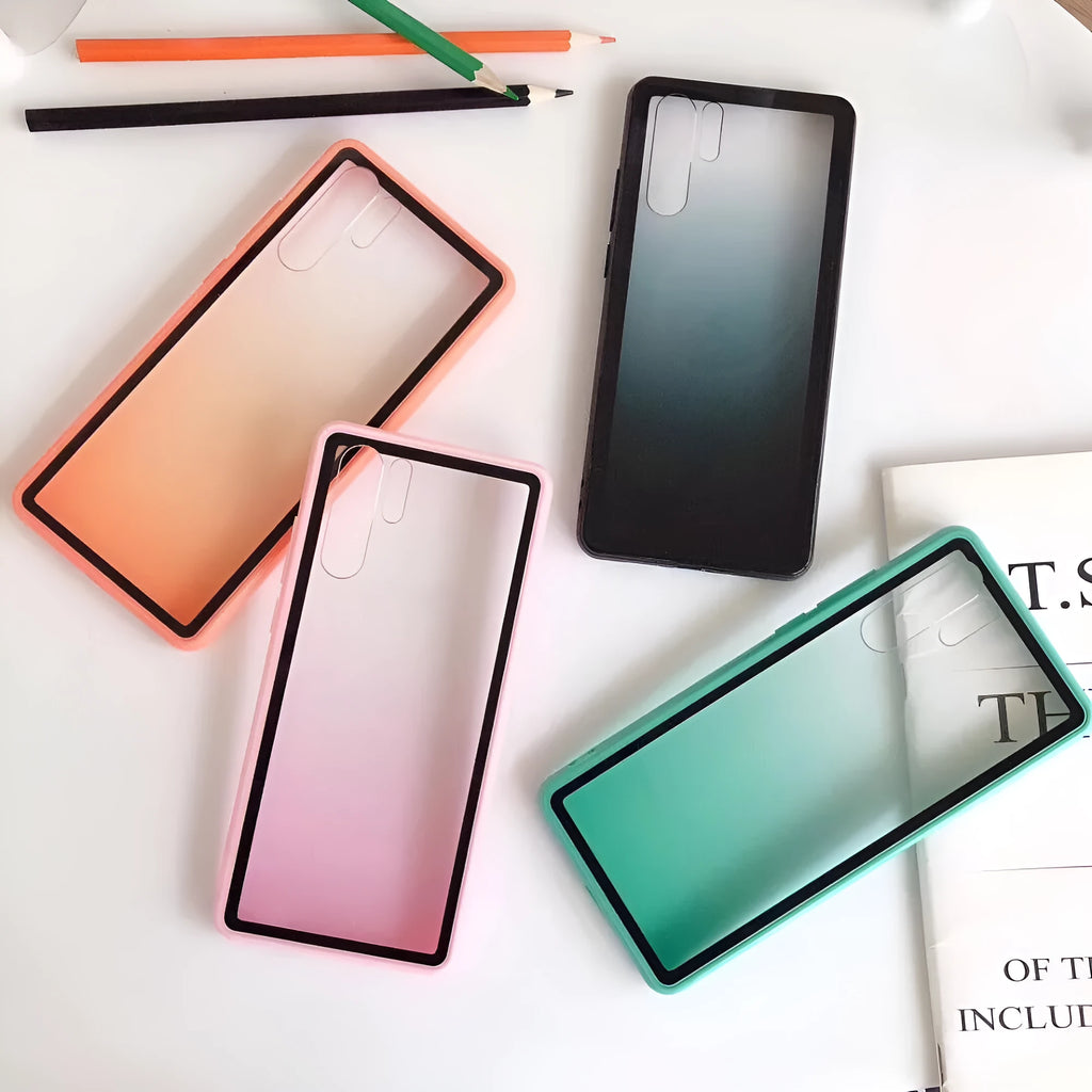 Rainbow gradient Huawei phone case in TPU and PC material showing colour transition