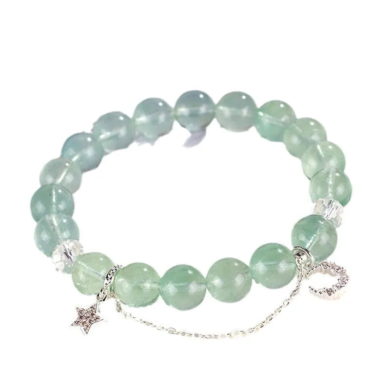 Green fluorite and white crystal women's bracelet with star moon princess design and diamond shape stones