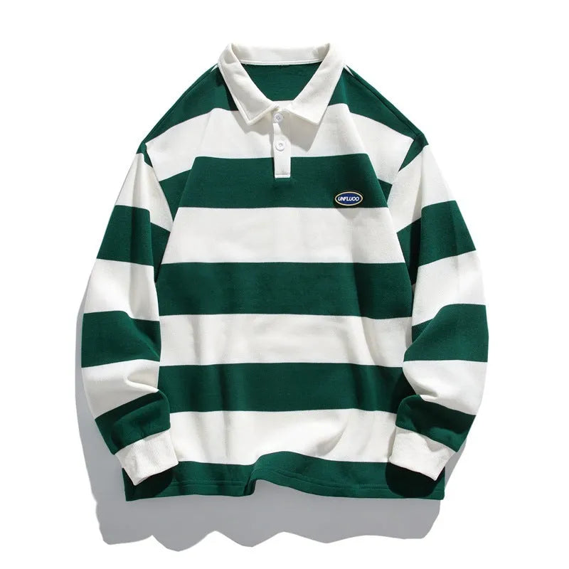 Striped Hong Kong style pearl cotton polo shirt with sweater lapel in loose fit for autumn wear