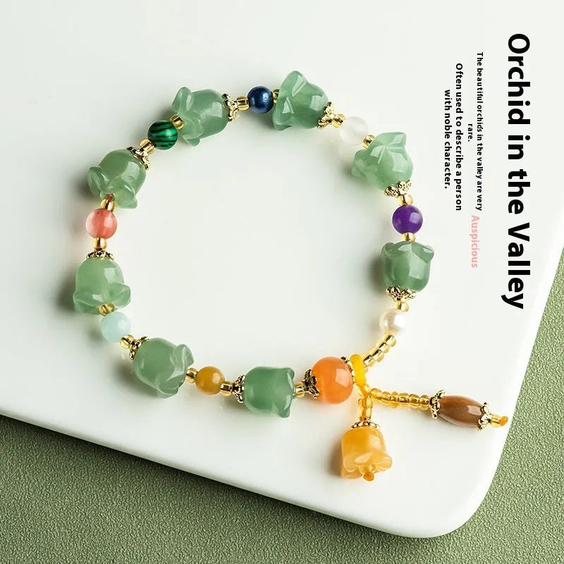 Natural Xinjiang Jinsi Jade aventurine orchid bracelet with carved orchid beads for women's wrists 14-18cm
