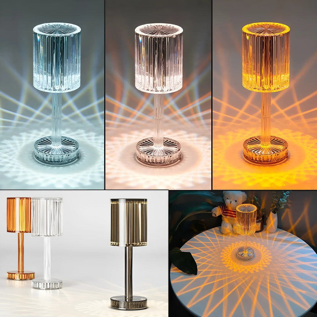 Modern crystal table lamp with touch dimming control and 359 K9 crystal bead shade in amber colour