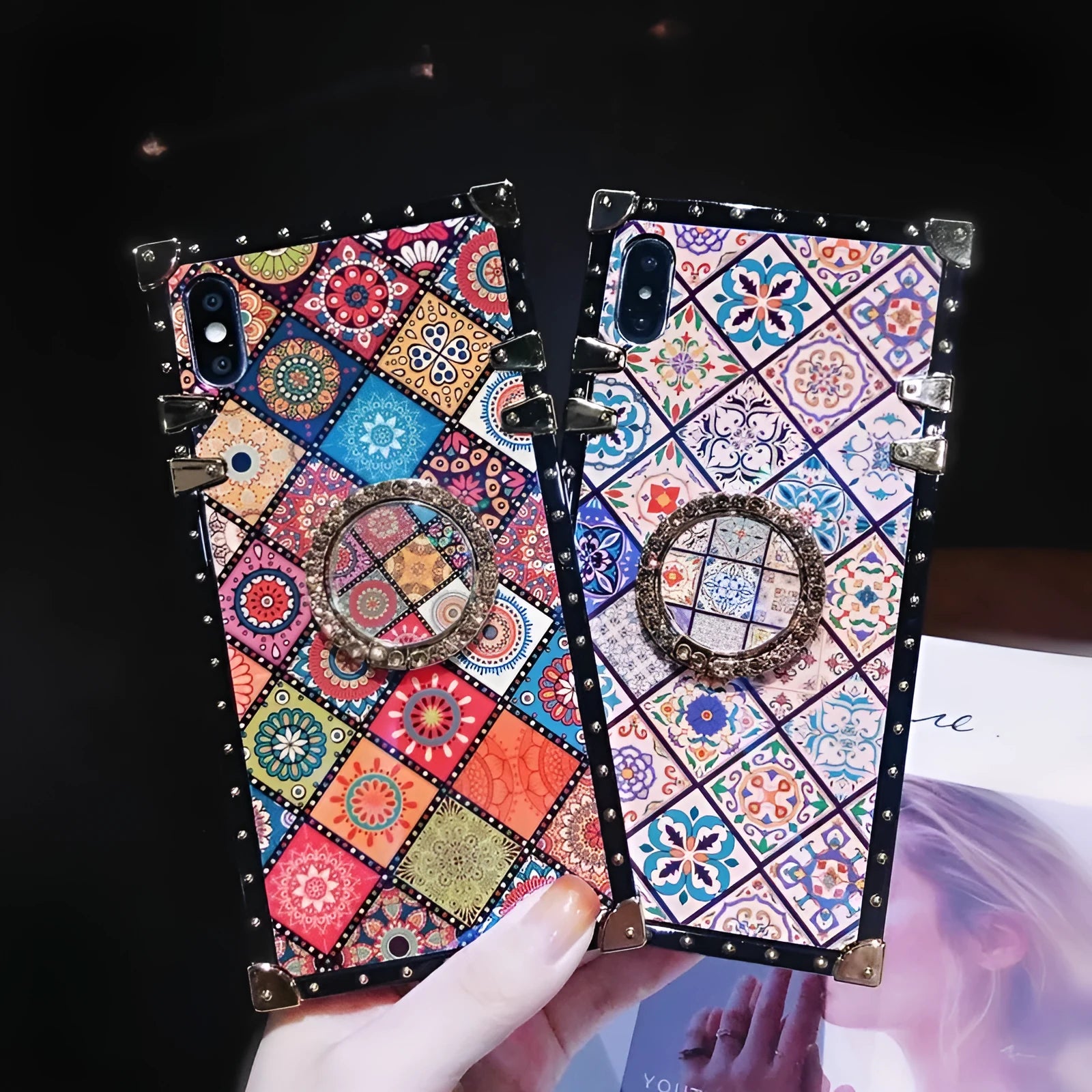 Samsung S8 silicone protective case with Bohemian style blue mirror frame in luxury square design