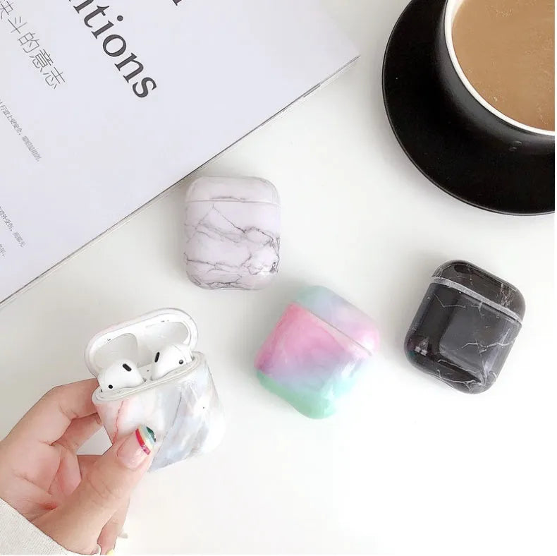 White marble hard PC protective case for AirPods 1 and 2 charging box in multiple colour options