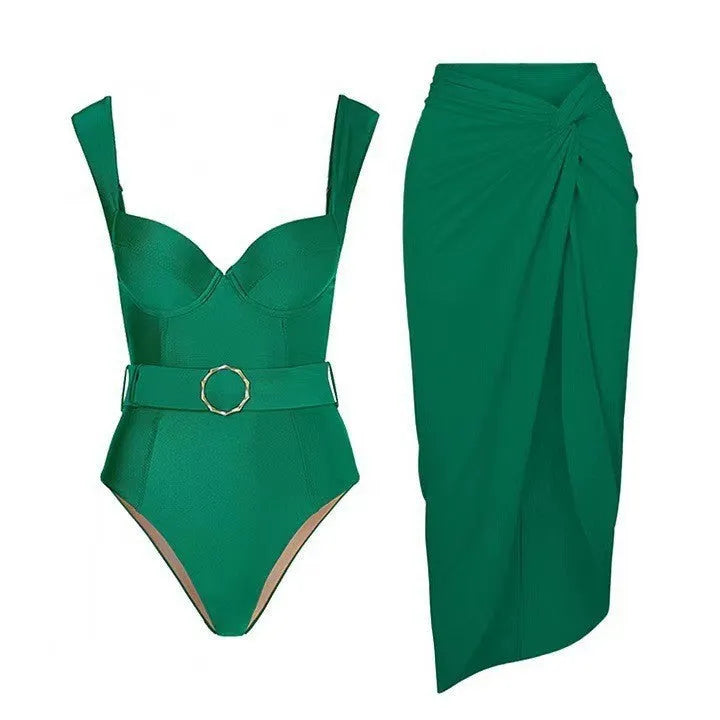 Women's sleeveless one-piece swimsuit with gauze skirt in polyester, available in five colours and sizes for swimming