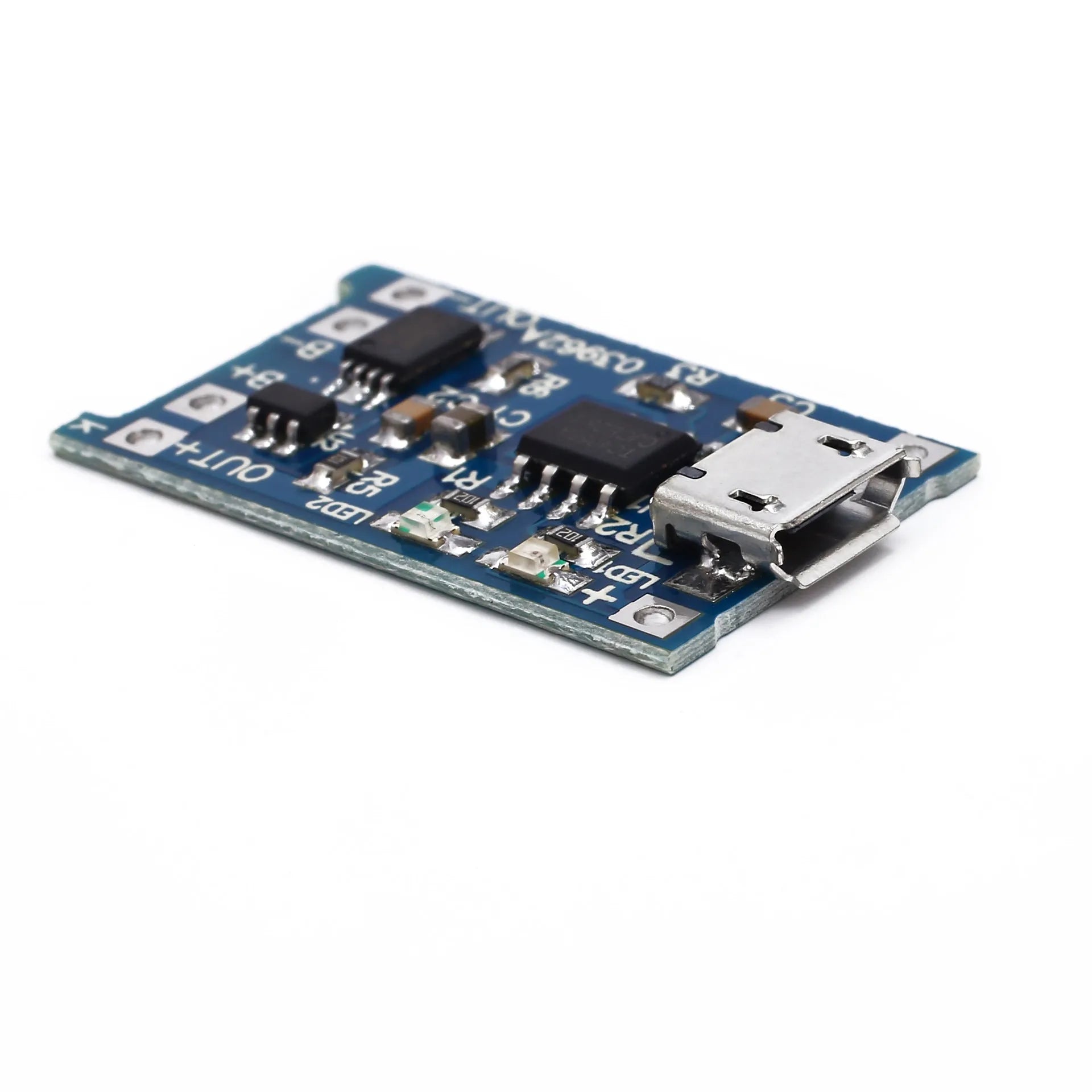 Blue lithium battery charging protection board measuring 2.6 by 1.7 centimetres with electronic components