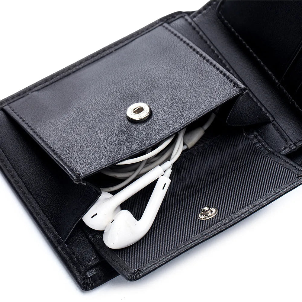 Men's soft cowhide trifold wallet in genuine first layer leather, multi-functional daily design