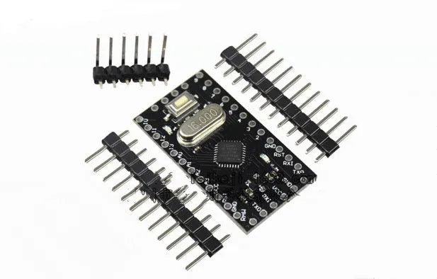 Mini Pro microcontroller circuit board showing 14 digital pins, 8 analog inputs, and Atmega328P chip on 33.3mm by 18.0mm PCB