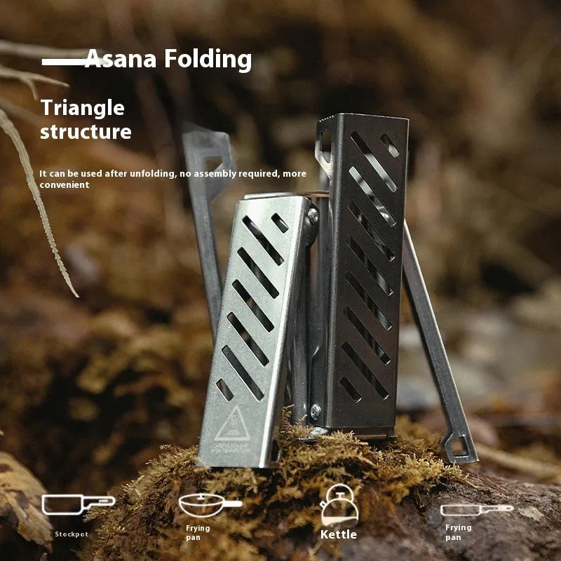 Black hexagon-shaped foldable alcohol stove for camping, showing compact 9.5x8.5x15cm dimensions