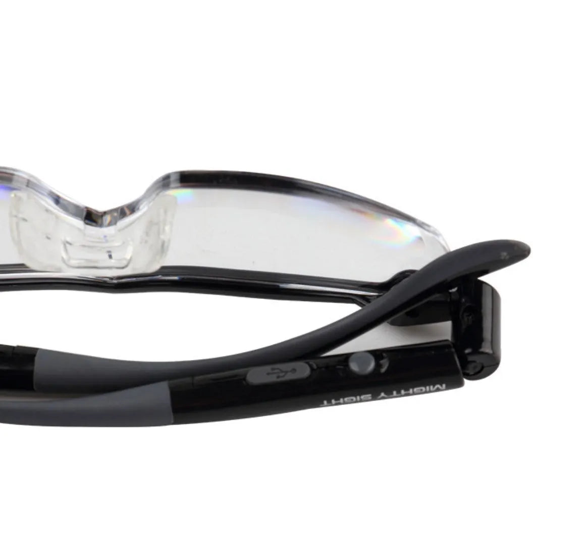 USB LED light transparent reading glasses with 41g ABS frame, 14.5x16.3cm size, scheduled illumination feature