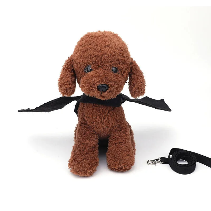 Black bat wings costume for dogs with elastic neck strap and optional hand control rope
