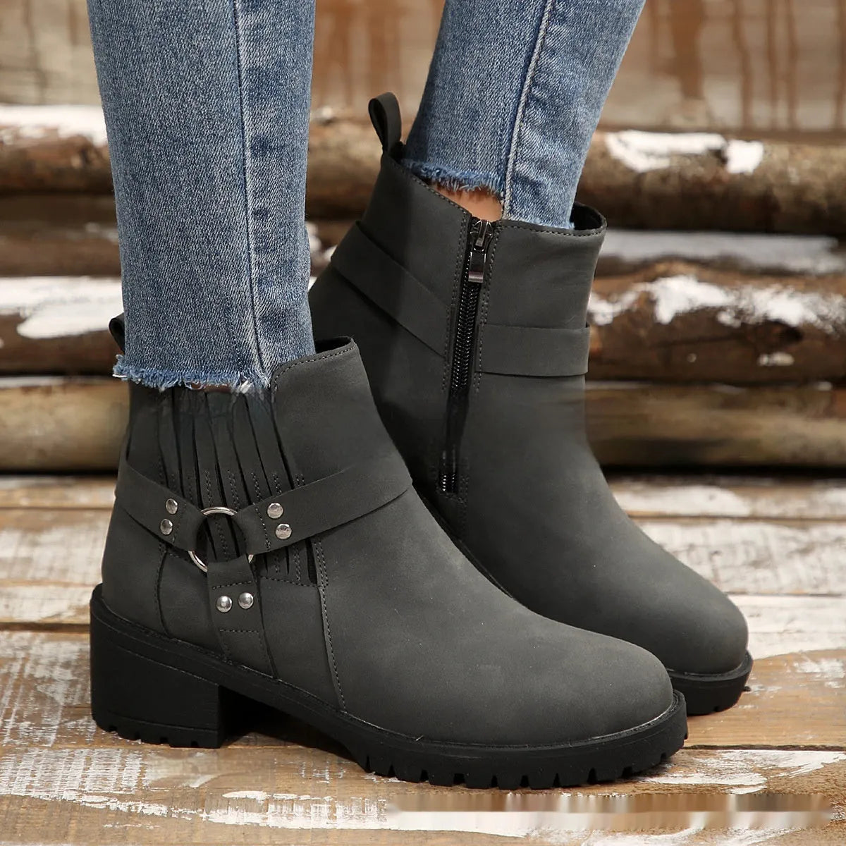 Women's ankle boots with belt buckle and elastic band, artificial PU, sizes 36-43, multiple colours