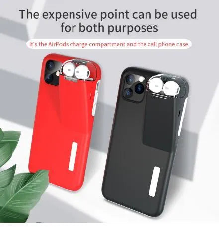 Black phone case with a slot on the back holding a white AirPods charging case