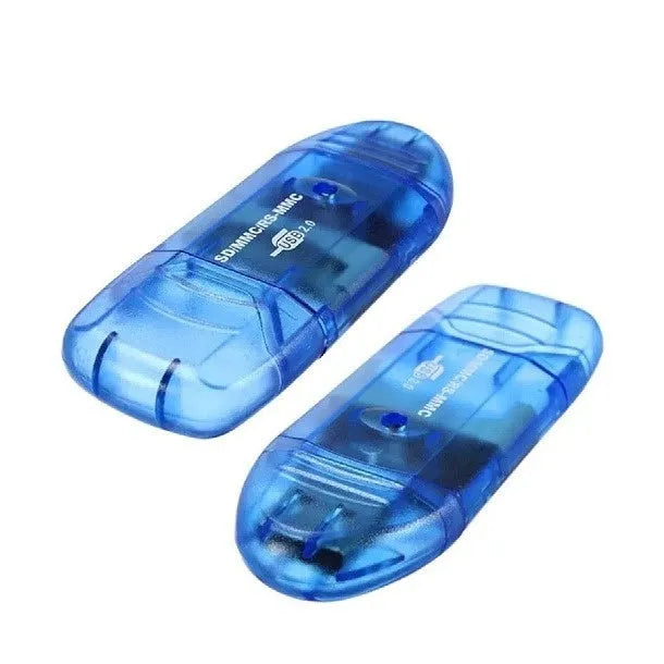 Transparent plastic USB card reader with LED lights showing 7.5 inch length and memory card slots