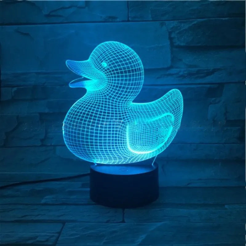 Little Yellow Duck 3D night light with acrylic panel and ABS base, showing colour options and remote control