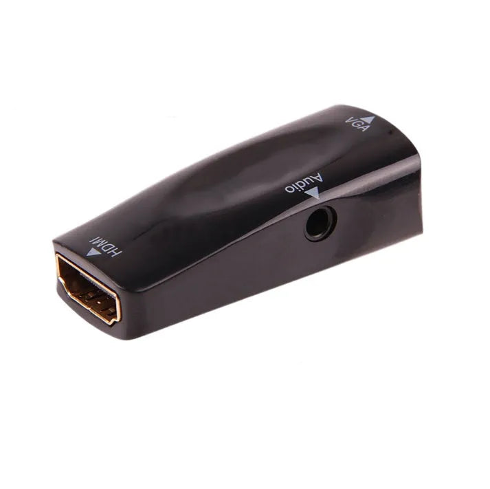 Black HDMI to VGA plug adapter showing male HDMI connector and female VGA port.
