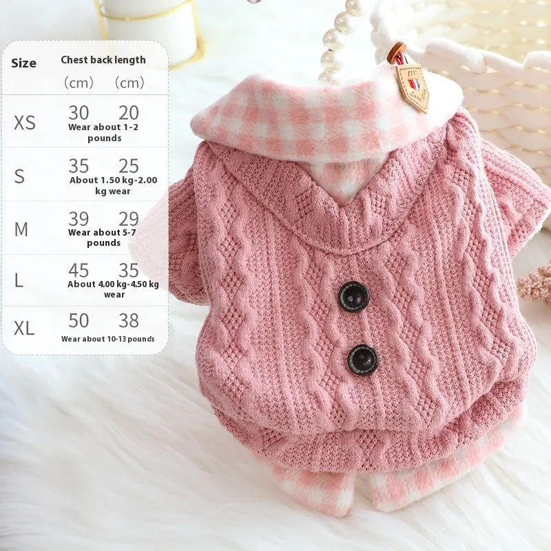 Blue or pink wool plaid pattern dog sweater with fleece lining and fake two-piece design