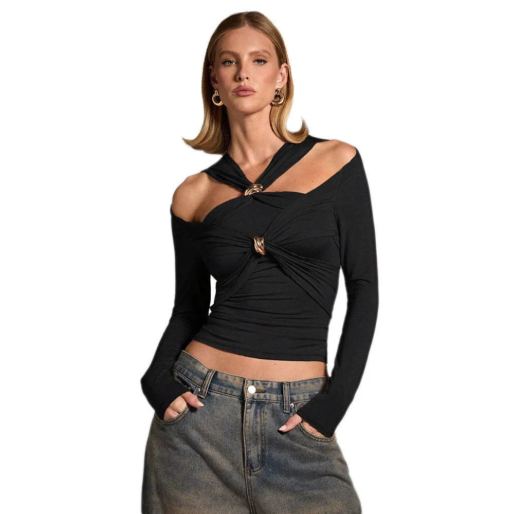 Black women's halterneck slim-fit top with long sleeves on a model.