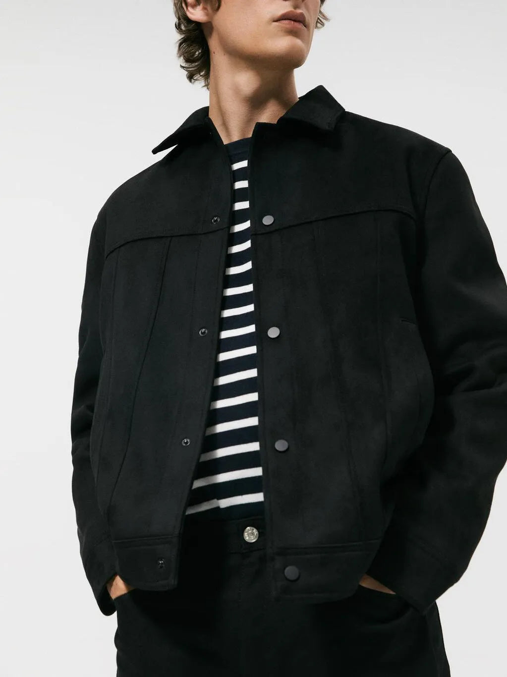 Men's black hooded jacket with suede collar, side pockets, and regular fit