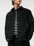 Men's black hooded jacket with suede collar, side pockets, and regular fit