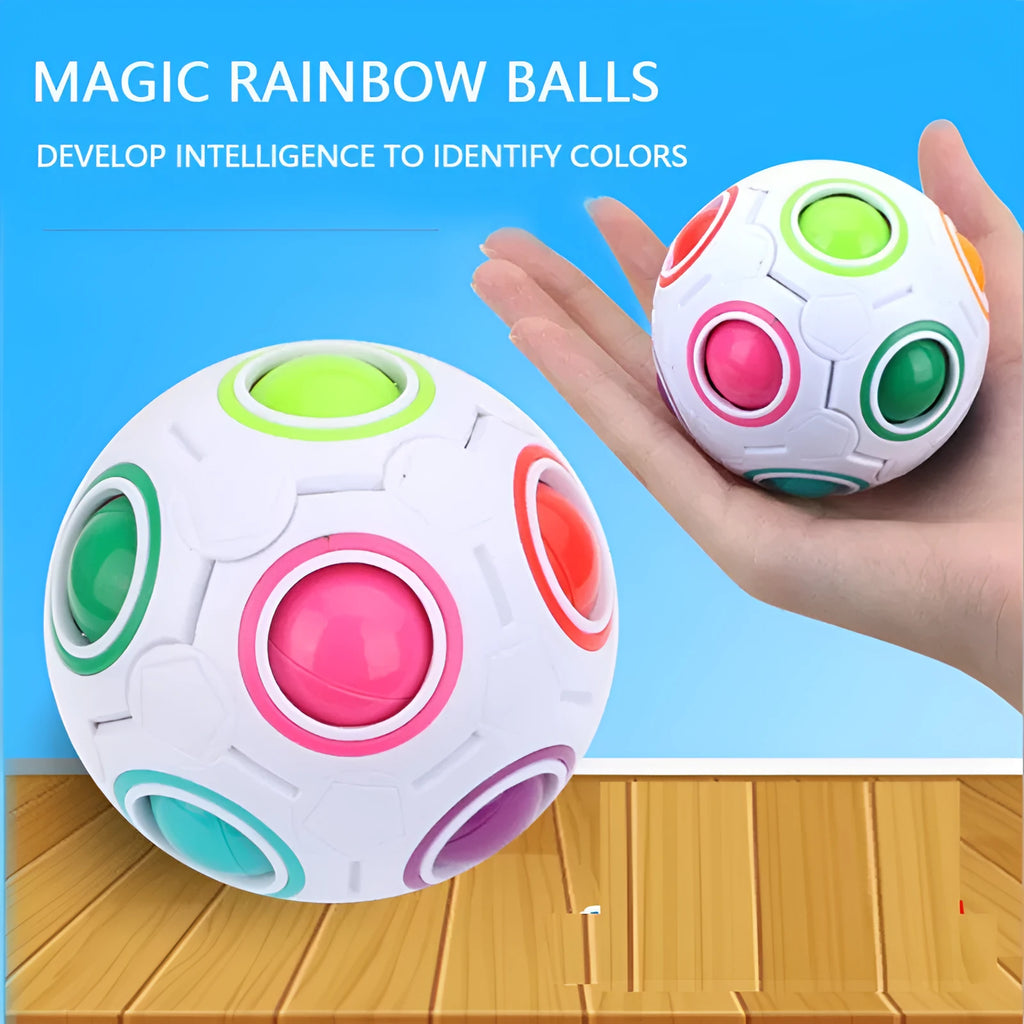 Rainbow coloured plastic ball puzzle with hexagon pattern, 5.5 cm in diameter.