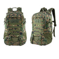 Khaki coloured Oxford cloth mountaineering backpack with an air pillow belt, shown with dimensions 49cm by 31cm.