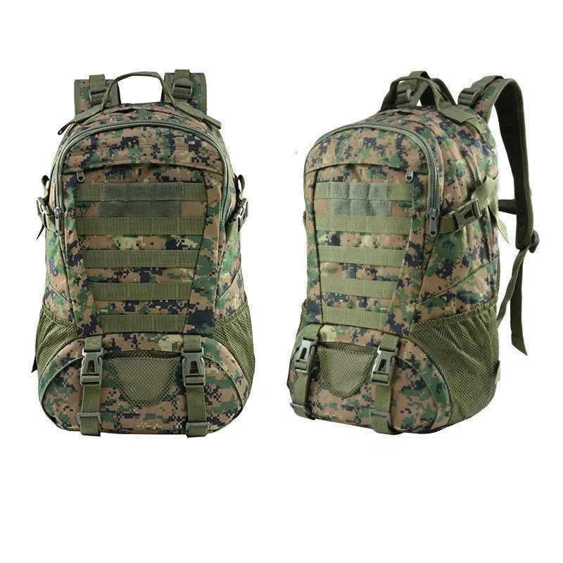 Khaki coloured Oxford cloth mountaineering backpack with an air pillow belt, shown with dimensions 49cm by 31cm.