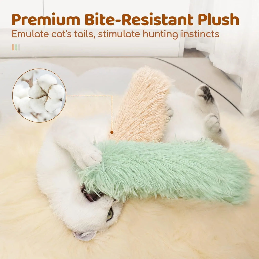 27cm by 10cm plush cat toy pillow in blue, green, pink, or white colour options