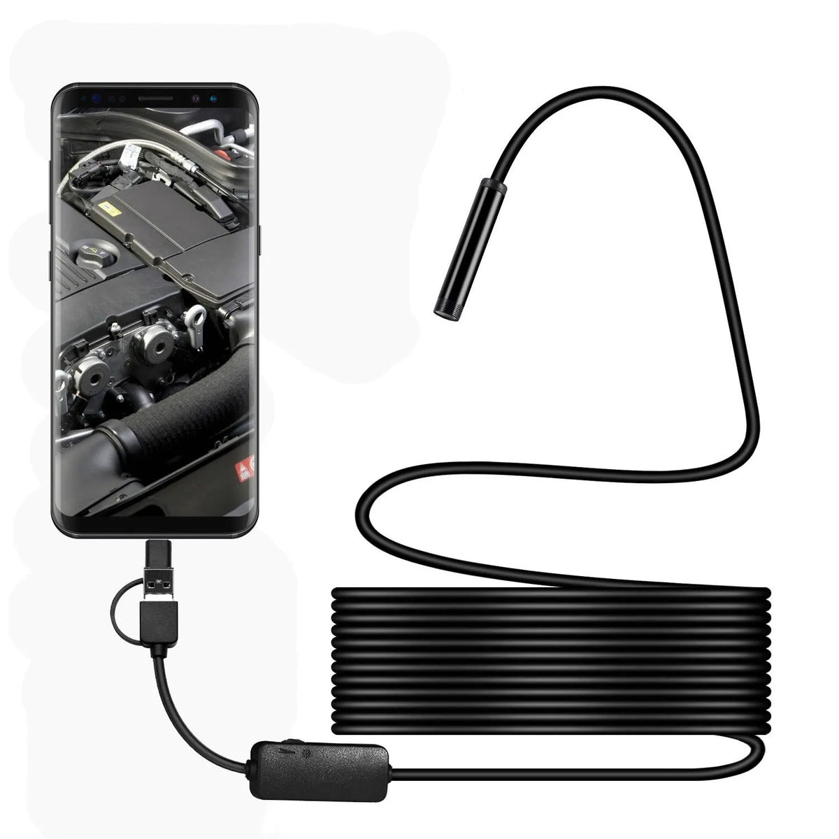 Three-in-one USB endoscope with 5.5mm probe, 640 x 480 resolution, Micro USB and Type-C, black, cable length optional.