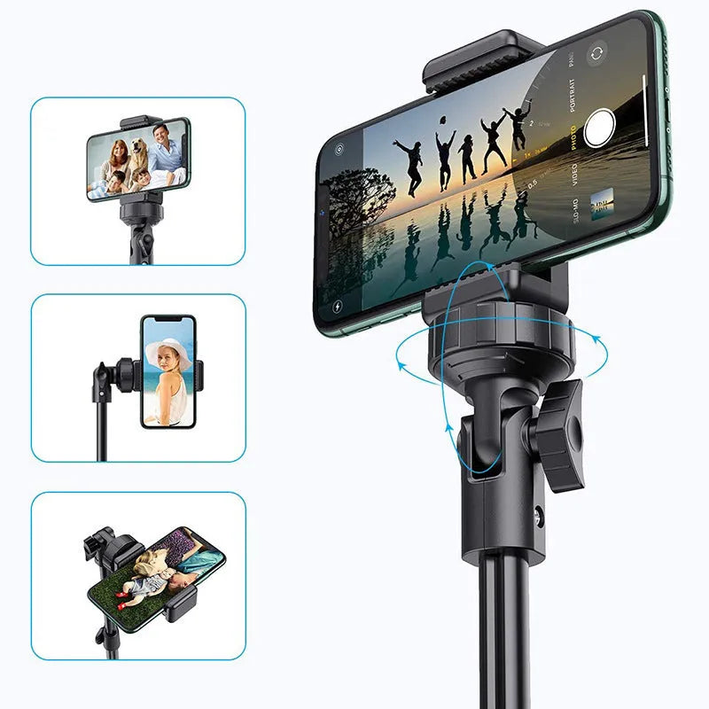 Black aluminium alloy selfie stick tripod with extended sections, compatible with Apple iPhones.