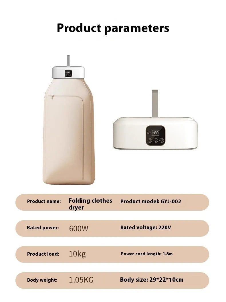 White cylindrical compact laundry dryer with remote control, dimensions 29 × 22 × 10cm, foldable for storage