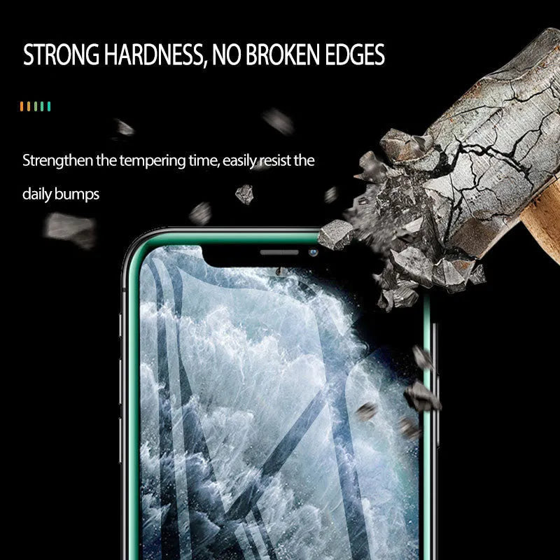 Luminous tempered glass screen protector glowing on iPhone in dark room with 9-layer protection diagram