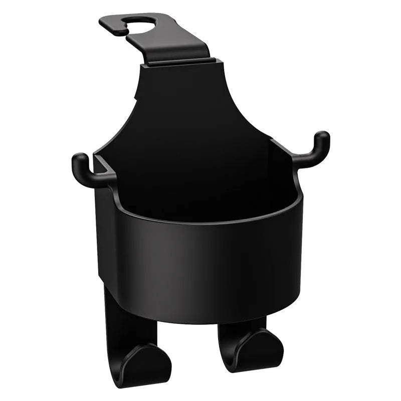 Black plastic car seat back organiser with cup holder and hook.
