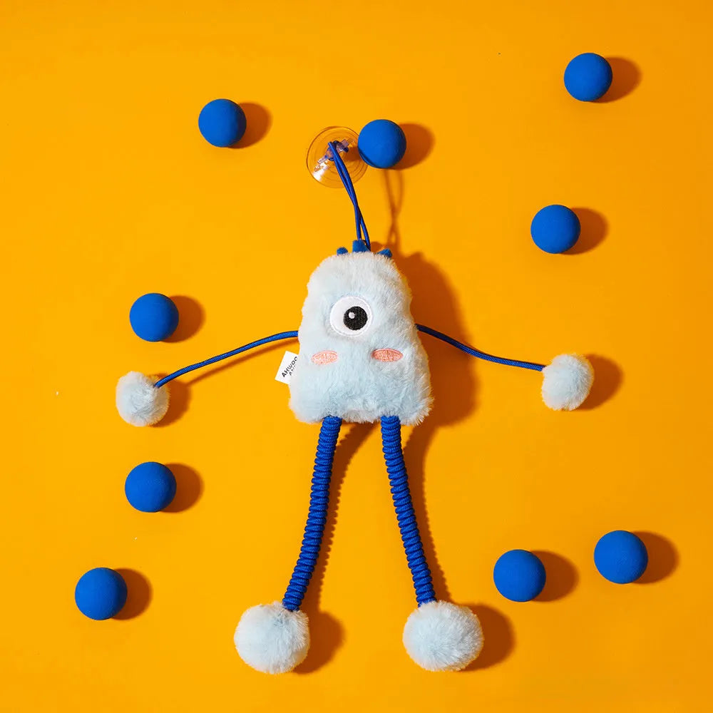 Blue telescopic cat toy with plush ring and bell measuring 30 by 30 centimetres