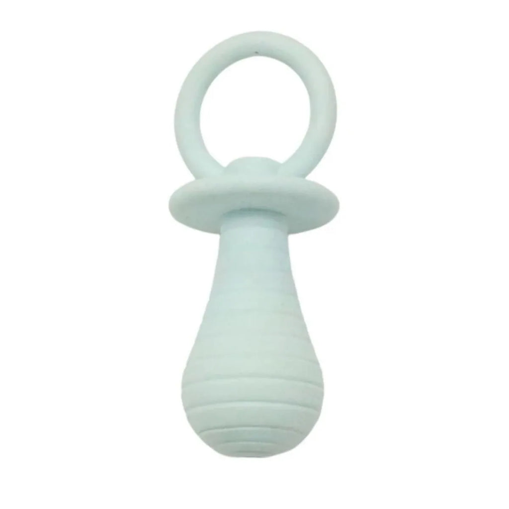 A green TPR rubber pet pacifier chew toy with a squeaker for puppies and kittens.