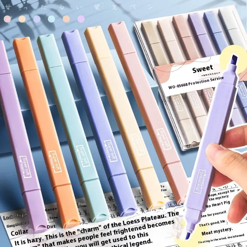 Double-headed fluorescent marking pens in sets of 6 or 12, showing vivid ink colours for highlighting
