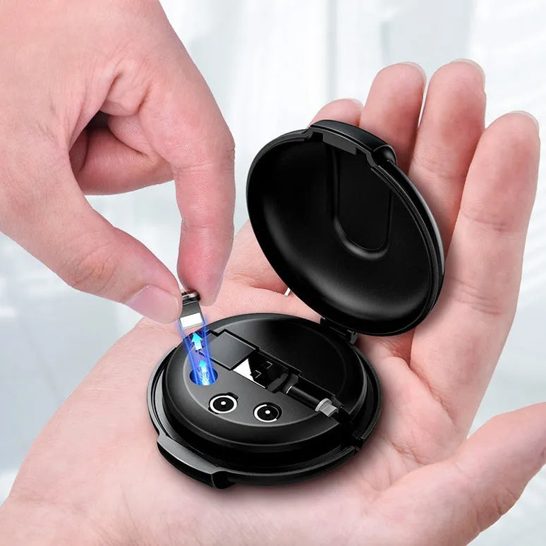 Black 3-in-1 magnetic retractable car phone charger with triple plugs and 1 metre cable