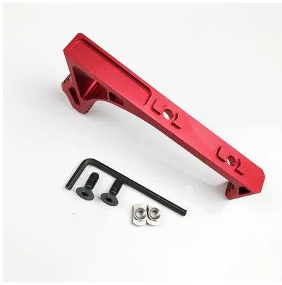 Black metal hand stop attached to a Picatinny rail on a rifle forend