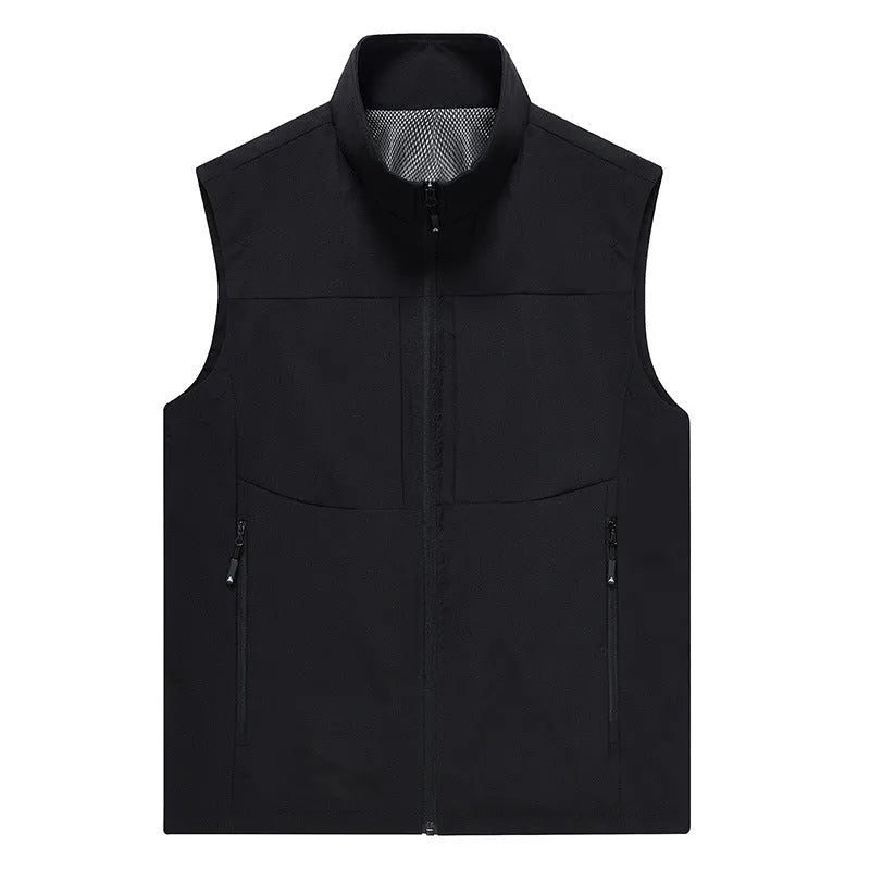 Men's loose fit cardigan vest in polyester with stand collar and zipper pockets for outdoor photography and fishing