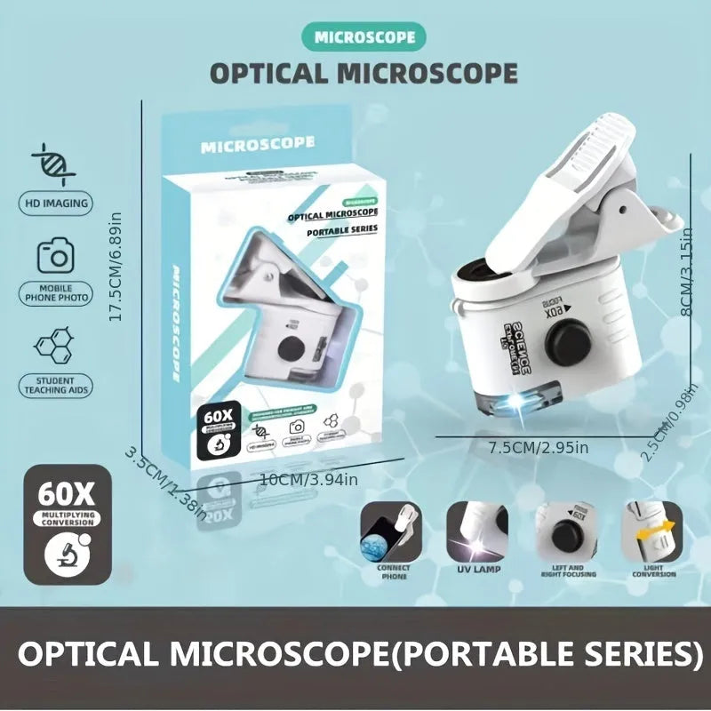 Mini mobile phone microscope with clip-on adapter showing 60x magnification capability