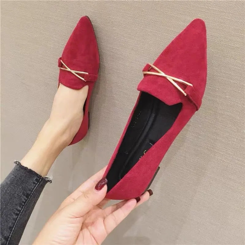 Women's pointed toe flat shoes with buckle, low platform heel, black or wine red, artificial PU upper, sizes 35-40
