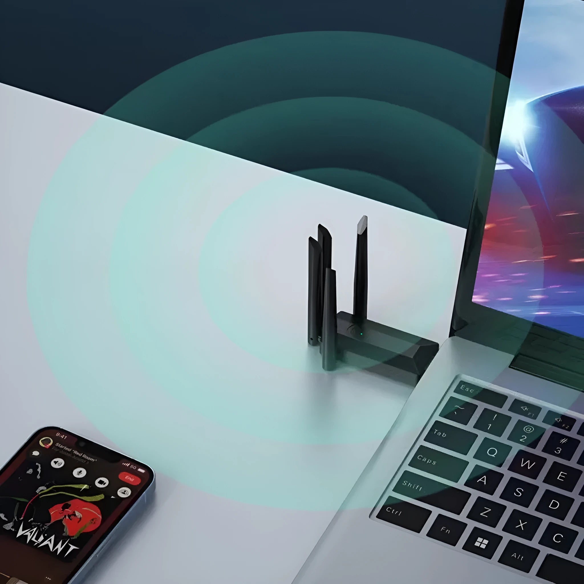 Black USB network transmitter device with four extended antennas
