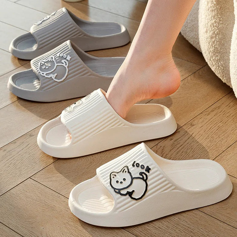 Green cat-themed thick platform sliders with a non-slip EVA sole on a white background.
