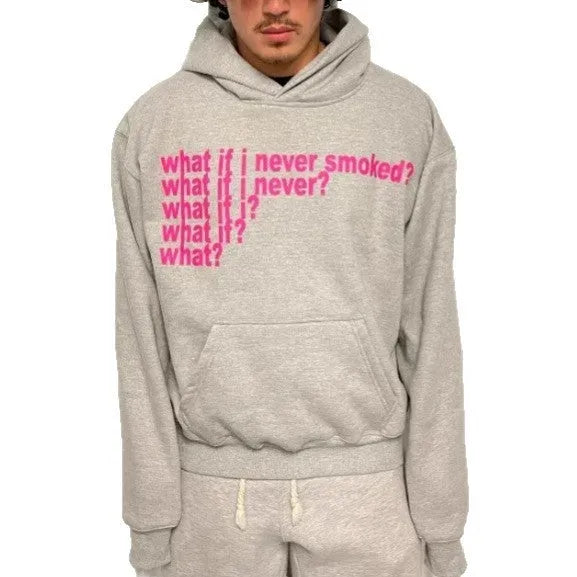 Man's black hooded sweater with a white letter print design on the front.