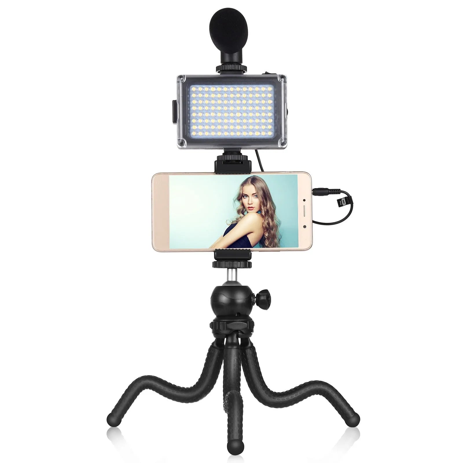Black octopus tripod with flexible legs wrapped around a lamppost, showing 360-degree ballhead and fill light microphone attached to an iPhone.
