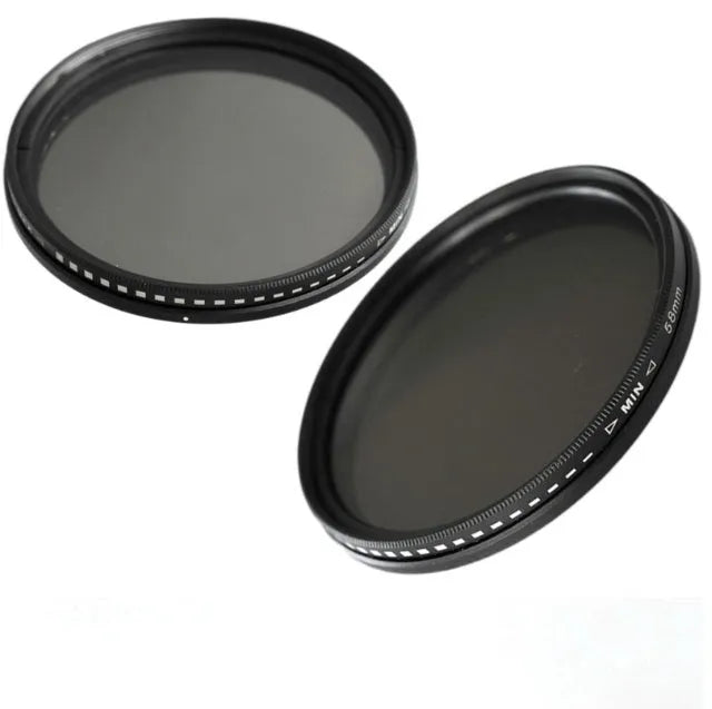 Adjustable multi-diameter camera ND filter set with ND-2, ND-4, ND-8, and ND-400 filters for light reduction