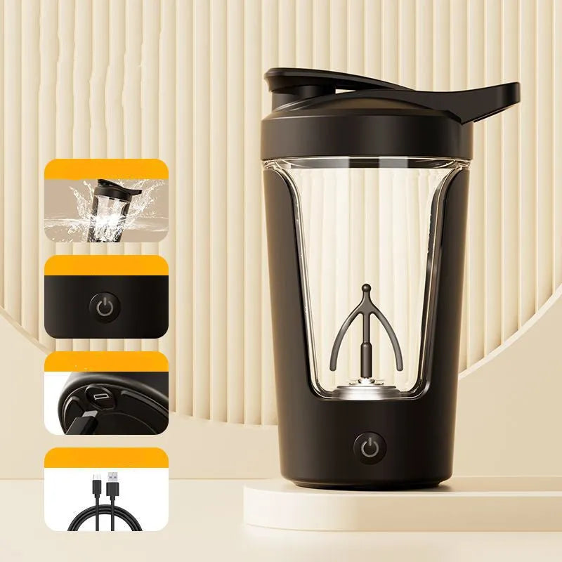 Black electric protein shaker bottle with 400ml capacity and charging cable